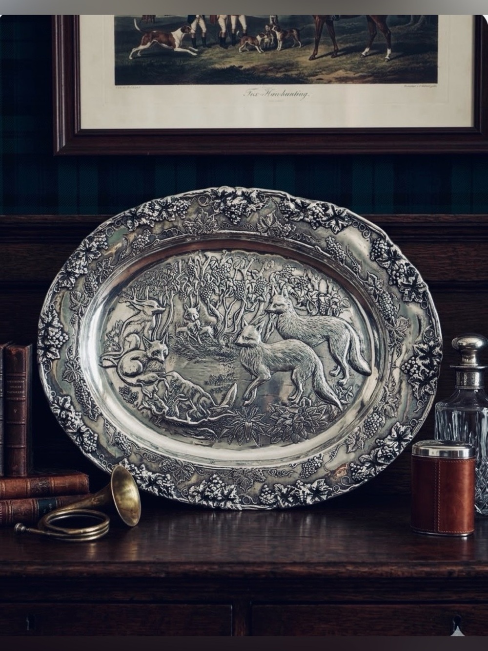 ARTHUR COURT Rare Signed LTD 1990 Oval Serving Tray Platter Grapes Foxes Pattern